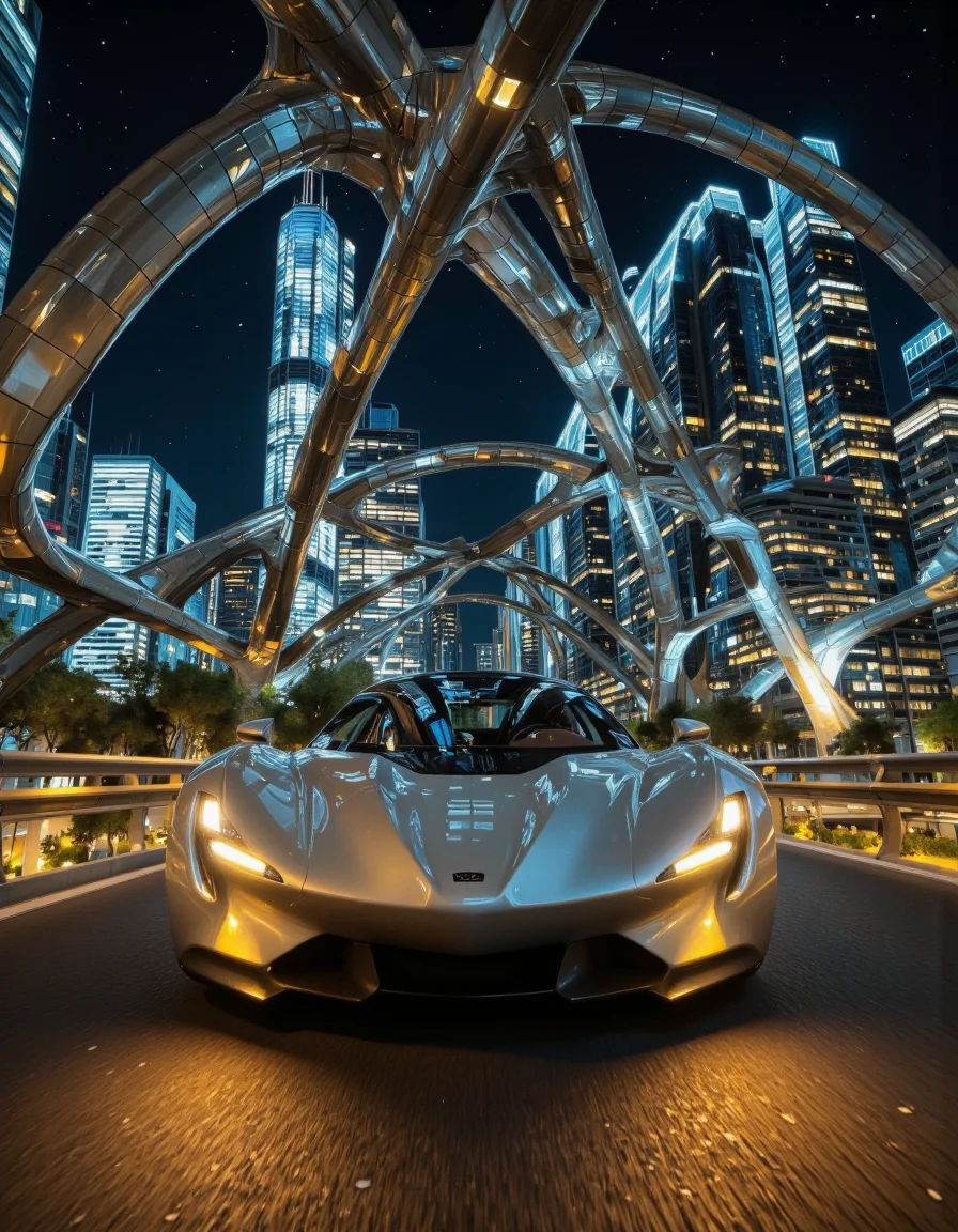 Futura. A photo-realistic shoot from a front camera angle about a futuristic sports car positioned in the middle of a cityscape at night. the image also shows a futuristic cityscape with tall skyscrapers lit up at night, and a large, intricate structure resembling a spider web in the background. in the foreground, a futuristic silver sports car with glowing yellow headlights is positioned on a road, facing the viewer. the car has a sleek, aerodynamic design with a low-slung body and a wide stance, giving it a sense of power and agility. the cityscape is illuminated by the warm glow of the city lights, creating a dramatic and dynamic atmosphere. the background features tall, modern buildings with glowing windows, and the overall scene is set against a dark, starry sky. <lora:Futura-000005:1>