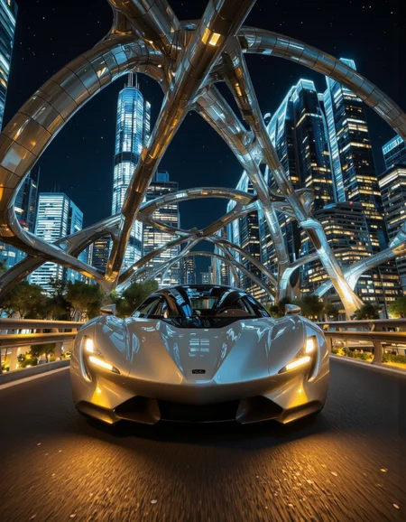 Futura. A photo-realistic shoot from a front camera angle about a futuristic sports car positioned in the middle of a cityscape at night. the image also shows a futuristic cityscape with tall skyscrapers lit up at night, and a large, intricate structure resembling a spider web in the background. in the foreground, a futuristic silver sports car with glowing yellow headlights is positioned on a road, facing the viewer. the car has a sleek, aerodynamic design with a low-slung body and a wide stance, giving it a sense of power and agility. the cityscape is illuminated by the warm glow of the city lights, creating a dramatic and dynamic atmosphere. the background features tall, modern buildings with glowing windows, and the overall scene is set against a dark, starry sky. <lora:Futura-000005:1>