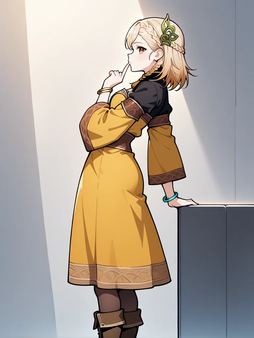 perfect quality,best quality,absolutely eye-catching,ambient occlusion,raytracing BREAK
1girl,<lora:rutea IL v1.2:0.8>,rutea,brown eyes,medium hair,braid,hair ornament,black shirt,yellow dress,wide sleeves,bracelet,boots,pantyhose,solo,long skirt,, from side, looking at viewer,macro_shot,leaning_on_object,finger_to_mouth,arm_held_back,standing_split,_leg_up,
