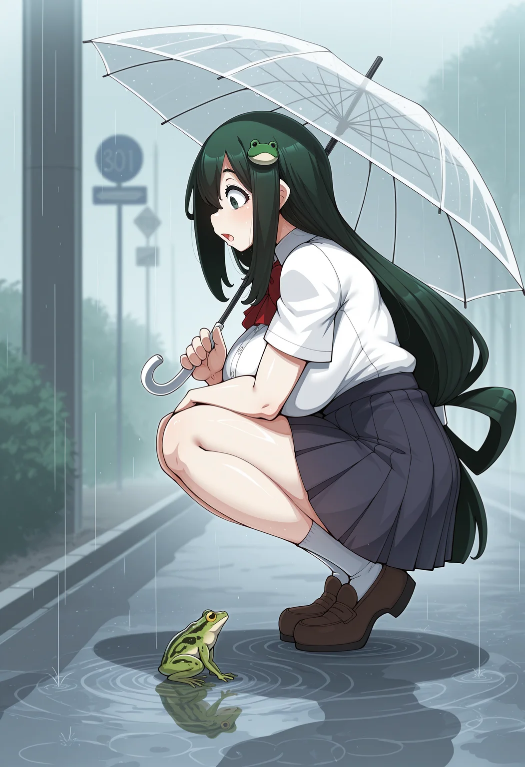 <lora:konoshige:1> , konoshige style,masterpiece, highres, absurdres,amazing quality, best quality, detailed background, 8k, 1girl, tsuyu, asui,breasts,squatting, wide shot,frog,frog hair ornament,green hair,hair ornament,holding,holding umbrella,long hair,open mouth,outdoors,pleated skirt,puddle,rain,road sign,school uniform,shirt,short sleeves,sign,skirt,snake hair ornament,socks,solo,transparent,transparent umbrella,umbrella,very long hair,white shirt,white socks