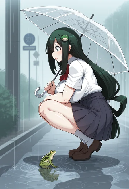 <lora:konoshige:1> , konoshige style,masterpiece, highres, absurdres,amazing quality, best quality, detailed background, 8k, 1girl, tsuyu, asui,breasts,squatting, wide shot,frog,frog hair ornament,green hair,hair ornament,holding,holding umbrella,long hair,open mouth,outdoors,pleated skirt,puddle,rain,road sign,school uniform,shirt,short sleeves,sign,skirt,snake hair ornament,socks,solo,transparent,transparent umbrella,umbrella,very long hair,white shirt,white socks