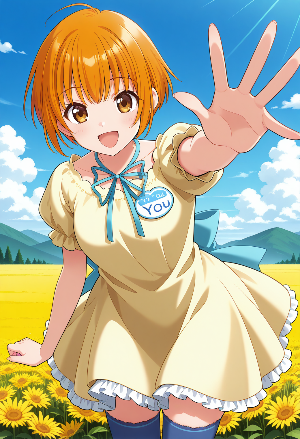ever17_you, brown eyes, orange hair, short hair, name tag, blue ribbon, blue bow, yellow dress, puffy short sleeves, frills, zettai ryouiki, blue thighhighs, <lora:ever17_you_illustrious_ver1:0.8> 
smile, open mouth,, masterpiece, best quality, general,, 1girl, solo, (field:1.2), (blue sky:1.2), looking at viewer,, (cowboy shot, dynamic pose:1.4),