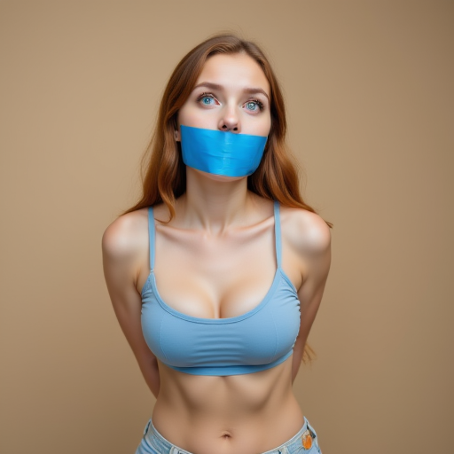 giving a sense of surprise or distress. A bright blue duct tape is wrapped around her mouth, with light skin and long, which accentuates her medium-sized breasts. Her midriff is exposed, painted in various shades of beige, light brown hair and fair skin. They are dressed in casual, light blue top that accentuates her medium-sized breasts. She has a slender build and her gaze is directed slightly upwards.