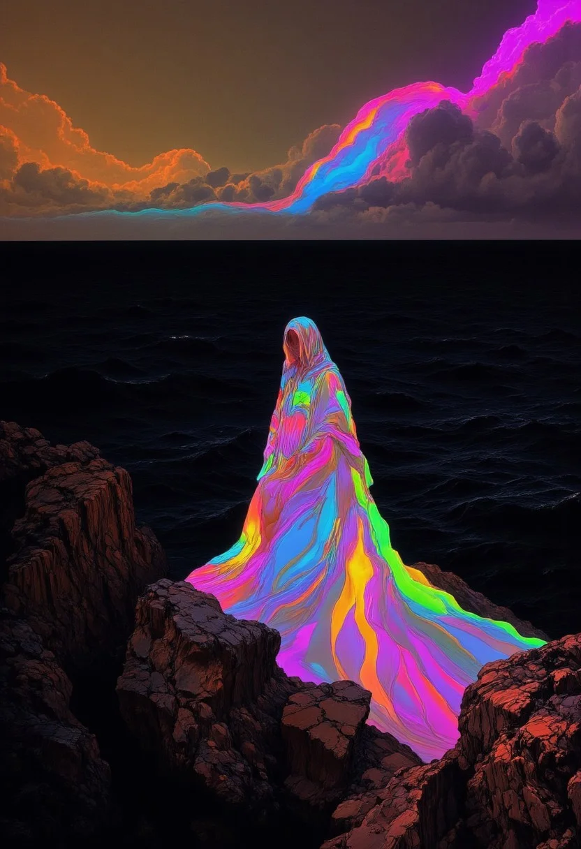 This is a digital artwork in a surreal, dreamlike style. The scene depicts a solitary figure standing on a rugged, rocky cliff overlooking a vast, dark ocean. The figure, draped in a flowing, ethereal gown, appears to be a woman with a serene, almost ethereal quality. The gown is a mesmerizing blend of vibrant colors, including neon pink, blue, green, and purple, which create an otherworldly, glowing effect. The fabric seems to blend seamlessly with the natural environment, as if it's a part of the cliff or the sky. The woman's face is not fully visible, but her presence is suggested by the flowing gown and her stance, which appears contemplative or perhaps in deep thought. Her hair, cascading down her back, appears to be a continuation of the flowing fabric, blending seamlessly into the colors of the gown. The background features a dramatic sky with hues of orange, pink, and blue, indicating either sunrise or sunset. The sky transitions smoothly into the dark, calm ocean below, which is reflected in the cliff's rugged texture. The cliff itself is rough and jagged, with a mix of earthy tones and a slightly glowing quality, enhancing the surreal atmosphere.