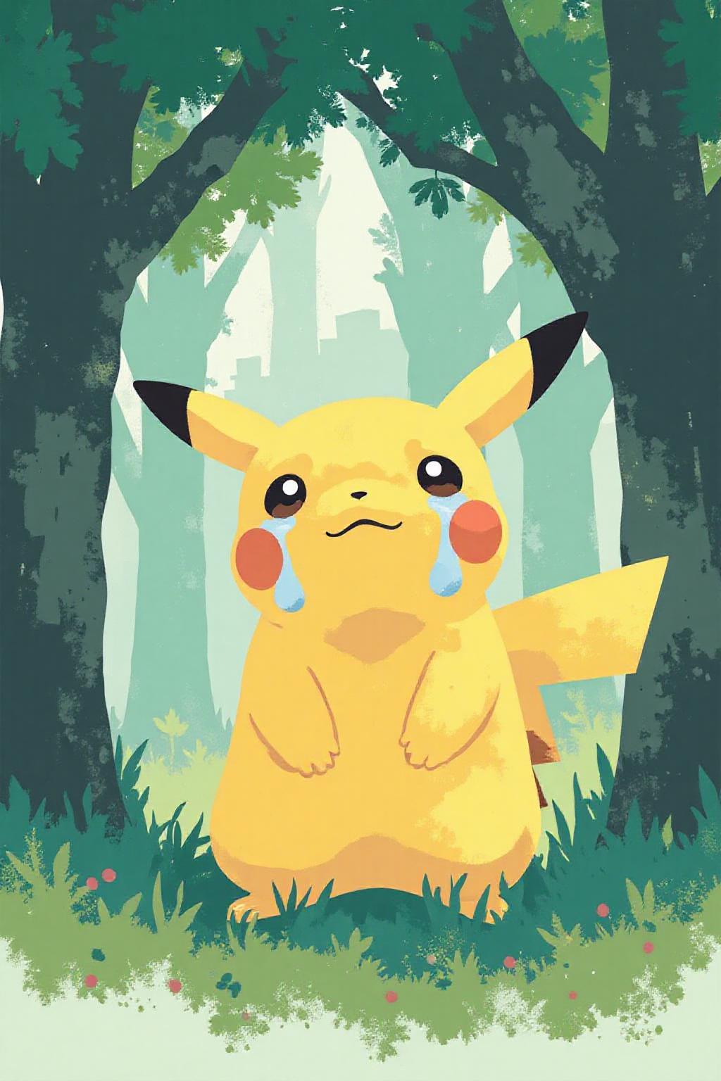i11ustmin Illustration of Pikachu crying, large tear drops on his face, under a green tree  <lora:minimalist_flat_nocap_nbm:1.0> <lora:Flux-Sch-SingleBlocks-BF16:1.0><lora:797950596838591819:0>