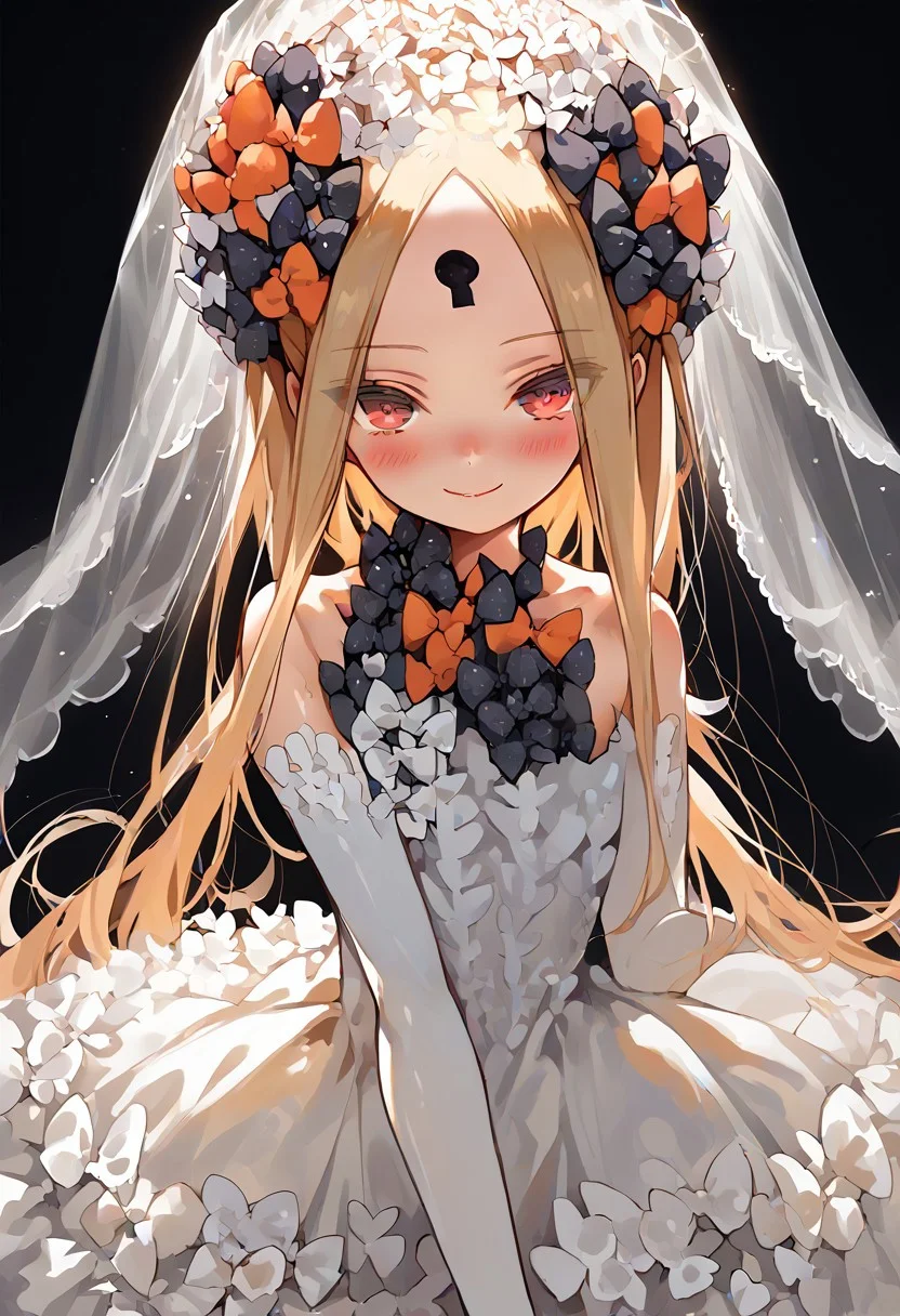 score_9,score_8_up,score_7_up, young, cute, small, abigail williams,
1girl, solo, thighhighs, blonde_hair, gloves, long_hair, elbow_gloves, red_eyes, white_gloves, smile, black_background, dress, bow, blush, black_bow, simple_background, white_dress, bangs, looking_at_viewer, strapless_dress, hair_bow, closed_mouth, veil, asymmetrical_legwear, very_long_hair, parted_bangs, hair_bun, wedding_dress, head_tilt