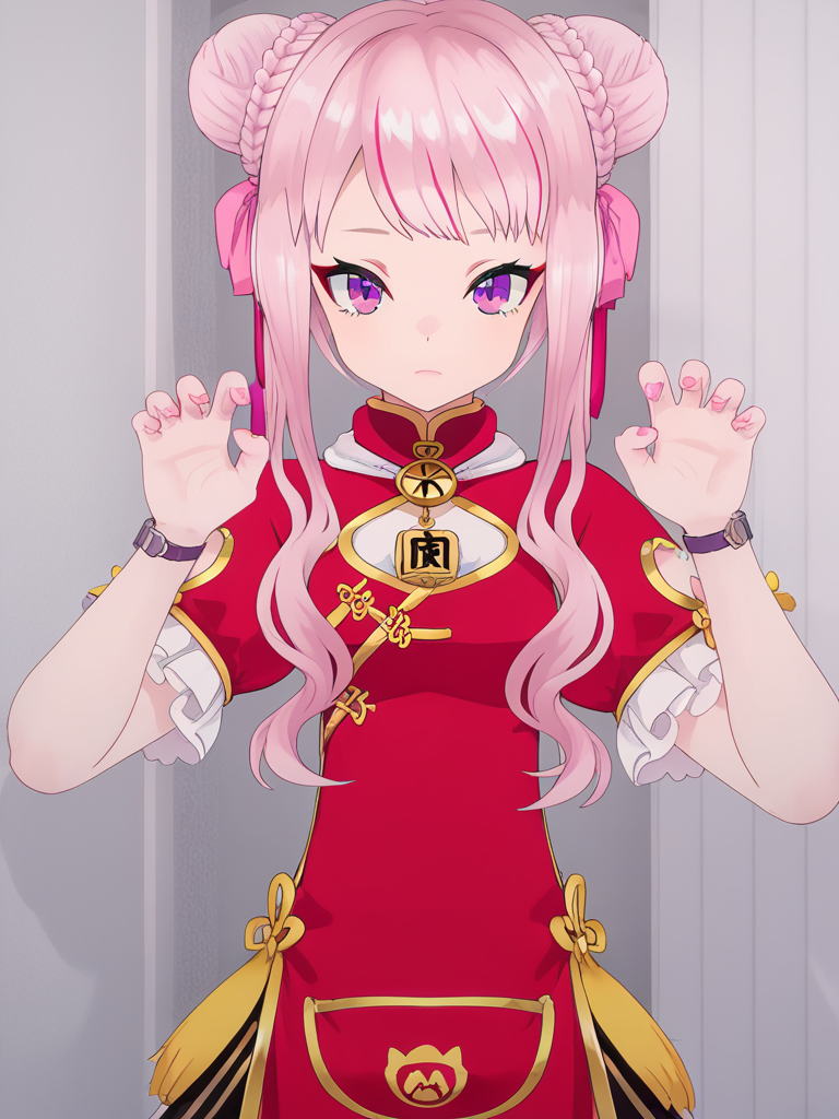 score_9,score_8_up,score_7,huge filesize,wallpaper,HH_hime,1girl,solo,virtual youtuber,double bun,hair bun,pink hair,streaked hair,multicolored hair,braid,purple eyes,closed mouth,cat_pose,chinese clothes,dress,short sleeves,sidelocks,pink nails,looking at viewer,<lora:HimeTanaka_PONY_V3:0.8>,<lora:Eyes_Lora_Pony_Perfect_eyes:0.8>,