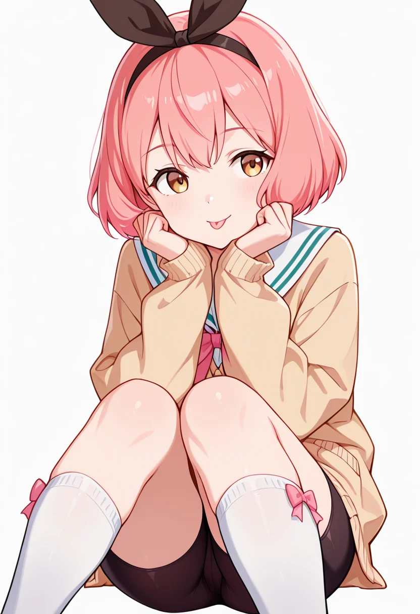 masterpiece,high quality details,absurdres,
<lora:Koshiba_Mai:0.8>
mar_cnr, 1girl, pink hair, short hair, bangs, brown eyes,black hairband,, simple background, white background, front view,solo,, ;p,, cardigan ,sailor shirt,bike shorts, ,bow legwear kneehighs,