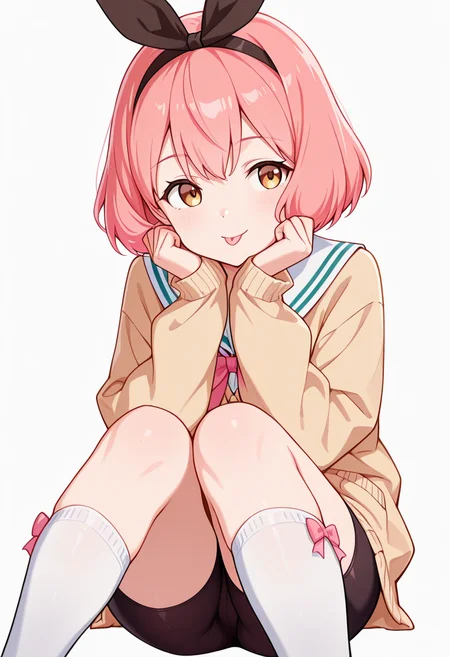 masterpiece,high quality details,absurdres, 
 <lora:Koshiba_Mai:0.8>
mar_cnr, 1girl, pink hair, short hair, bangs, brown eyes,black hairband,, simple background, white background, front view,solo,, ;p,, cardigan  ,sailor shirt,bike shorts,  ,bow legwear kneehighs,