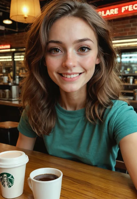 safe_pos, score_9, score_8_up, score_7_up, 1 girl, 25, petite, looking at viewer, in a coffee shop, seated, elbows on table, ((tiny breasts)), brown hair, skinny body, ((heart shaped face, narrow face, narrow nose, small nose, high cheek bones, symmetrical face)), slender body, sexy, horny look, button down shirt, no bra, green pleated miniskirt, cinematic shot, dynamic lighting, 75mm, Technicolor, Panavision, cinemascope, sharp focus, fine details, 8k, HDR, realism, realistic, film still, cinematic color grading, depth of field, beautiful, extremely detailed background, ((face focus, detailed skin)), zPDXL3, real life photo, Photo Real, ((detailed skin))