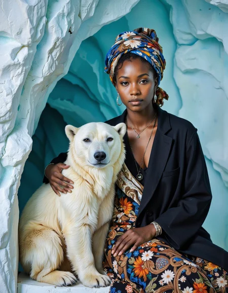 A stunning, hyper-realistic close-up captures the face of a beautiful African woman in a modest, loose fitting, clothing, sits in the ice cave with a polar bear, detailed image with a bold, colour palette <lora:Hocus_Pocus:0.9>