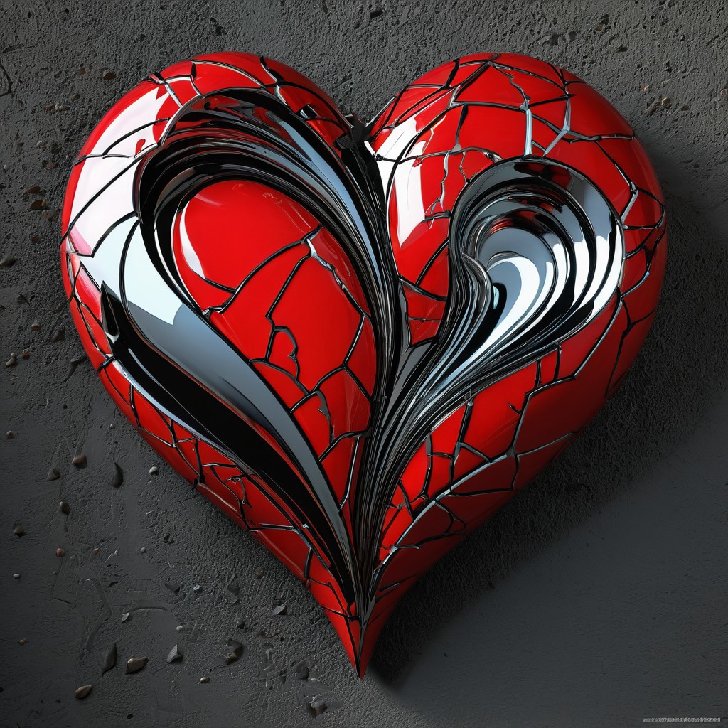 Surrealism, A Large broken Heart, rendered in a polished, high-gloss style reminiscent of Dan Jurgens' and Brett Breeding's comic book art, with smooth, precise lines and vibrant, popping colors, perfect for a dramatic, haunting visual effect, Valentine's Day Loss