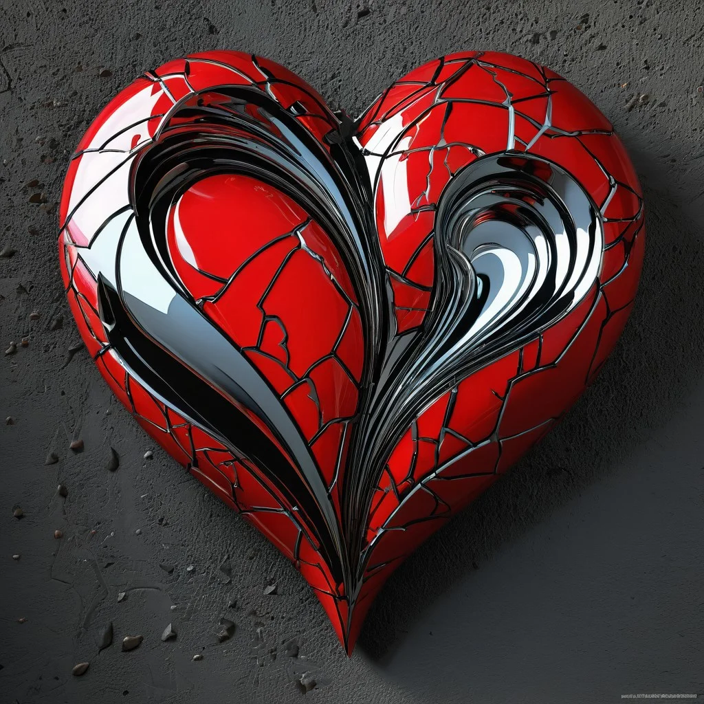 Surrealism, A Large broken Heart, rendered in a polished, high-gloss style reminiscent of Dan Jurgens' and Brett Breeding's comic book art, with smooth, precise lines and vibrant, popping colors, perfect for a dramatic, haunting visual effect, Valentine's Day Loss