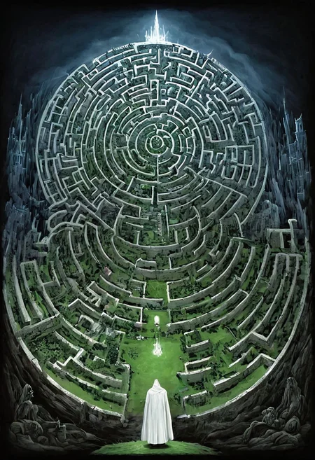 castle , A traveler contemplates a gigantic labyrinth made up of dozens of white, grass, medical towers. labyrinth , evil villain ,darkness, fog, easter eggs, opposites