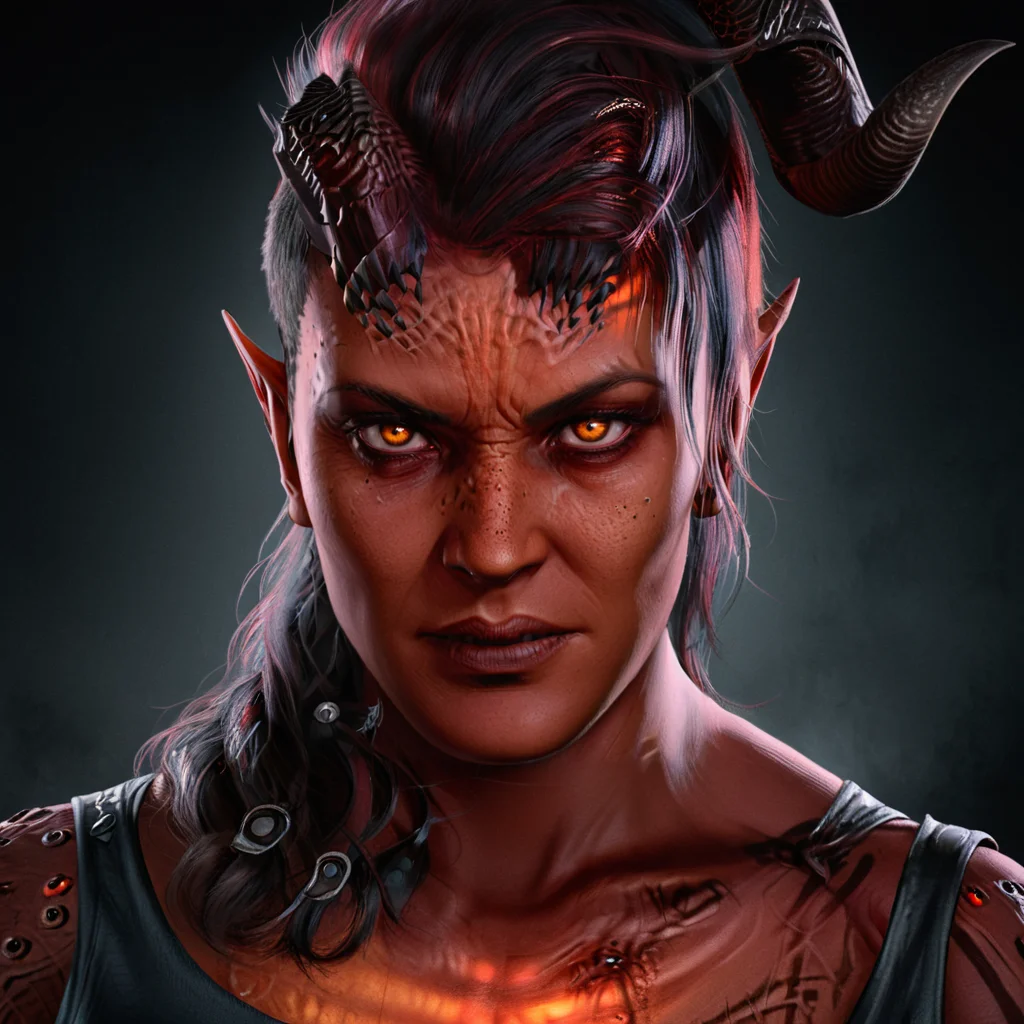 A professional photo, rim lighting, HDR, high contrast, commercial, realistic, detailed, Karlach, red skin, horn, female, glowing eyes, with a angry face, portrait, high quality, cinematic <lora:karlach_xl-000090:1>