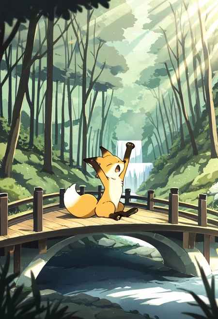 (masterpiece, best quality, high quality, highres), very awa, highres, absurdres,
chii-kun \(seedyoulater\), (naguru \(cyoroama\):0.8), (fuamusea:0.8), makoto shinkai, 
(fox:1.2), (no humans:1.1), paws, fur, (cute:1.2), comfy, solo, 
yawning, stretching, OO,
forest, bridge, creek, burrow, day, sunlight, sun rays, beautiful background,