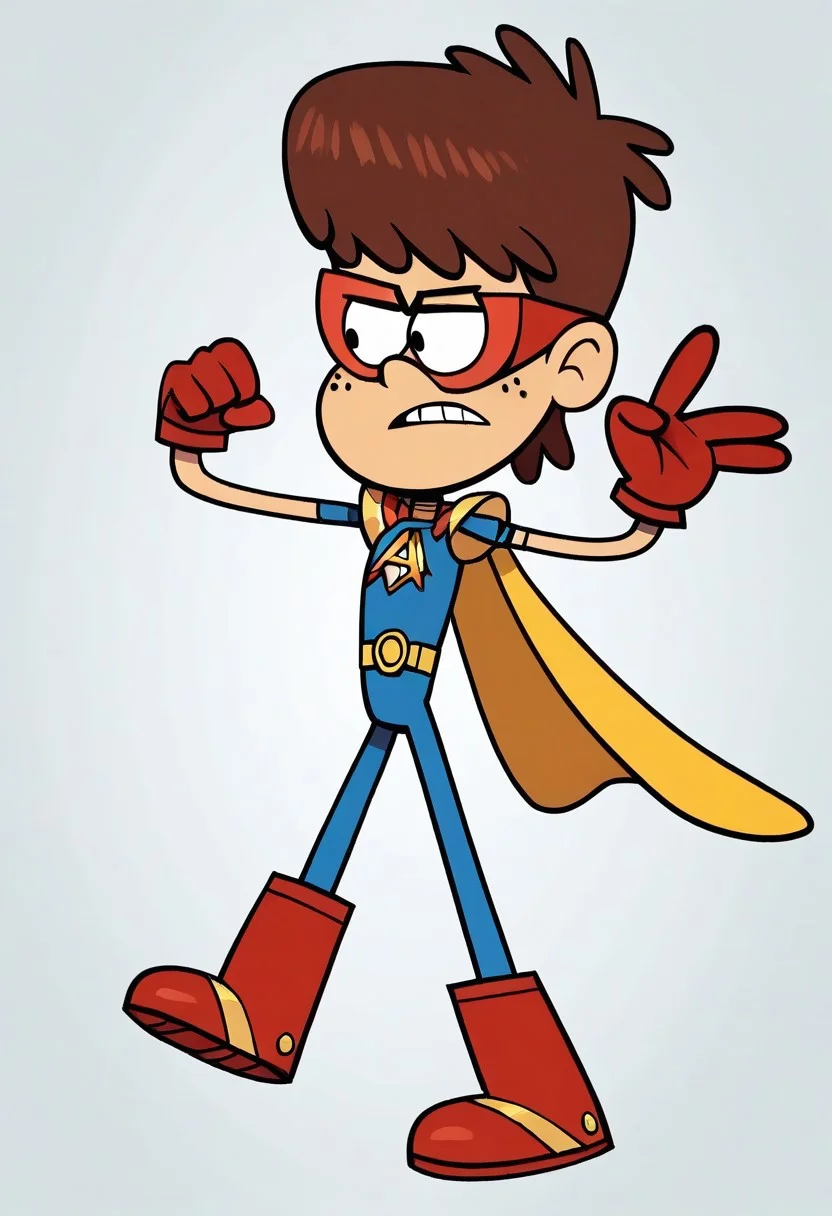 (score_9 | score_8_up | score_7_up) ((masterpiece:1))(best quality,very high quality,ultra detailed:1.2) (2D,cartoon style,anime style)(Smooth:2)(clean blurring) (four fingers on each hand,one thumb on each hand:1), Boy Lynn loud, solo, 1boy, Brown hair, thick Brown hair, round nose, freckles, full body, red blue and yellow super hero costume, blue super hero costume, super hero, red goggles, two side winged headpiece, yellow cape, thick red boots, red glove, 'A' Logo in the middle