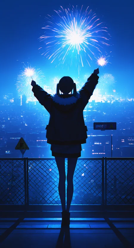masterpiece, best quality, good quality, very aesthetic, absurdres, newest, 1girl, backlighting, balancing, blue background, chain-link fence, chromatic aberration, fireworks, city lights, cityscape, fence, film grain, from behind, full body, fur-trimmed jacket, fur trim, holding, holding fireworks, jacket, long hair, night, outstretched arms, sign, solo, twintails, warning sign <lora:ponyv5_noobV065S_1_adamW-000013:0.7> <lora:USNR_STYLE_XL_lokr:0.45> <lora:748cmSDXL:0.4>
