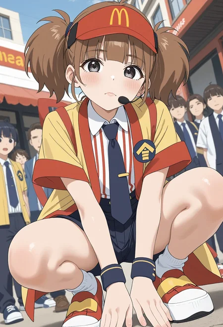 <lora:Hyper-SDXL-8steps-lora:1><lora:Fixhands_anime_bdsqlsz_V1:1> zPDXL2,score_9, score_8_up, score_7_up, masterpiece, best quality, absurdres, high resolution, 8k, official art, official style, source_anime, uncensored, anime screencap, anime coloring, megami magazine, (ai-generated:0.6),
1girl, double_cheese_(mcdonald's), brown hair, short twintails, grey eyes, blush stickers, visor cap, headset, black necktie, vertical-striped shirt, yellow jacket, badge, wristband, black shorts, bandaid on knee, shoes,
squatting, arms between legs, dutch angle, hands, hanging hair, head tilt, looking at viewer, Bored, A slack jaw, drooping eyelids, and a slightly uninterested gaze., outdoors, city, japan, audience, crowd,
<lora:M-imadakedabuchitabemi_XL(pony)v10:1>