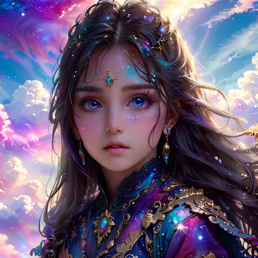 masterpiece,high resolution,8k,
<lora:celestial_warriorXL:0.8>,celestialwarrior, overalldetail,facedetail,eye detail,
1girl, solo, long hair,see-trought clothes, cloud, jewelry,colorful powder,shadow detail,natural light