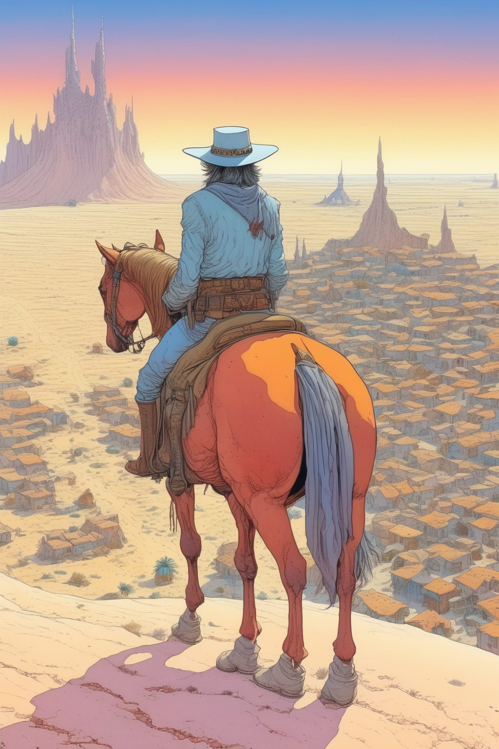 <lora:Moebius (Jean Giraud) Style:1>Moebius (Jean Giraud) Style - A cowboy traveler with a hat sits on a horse in the middle of the desert and looks at a beautiful village in the distance