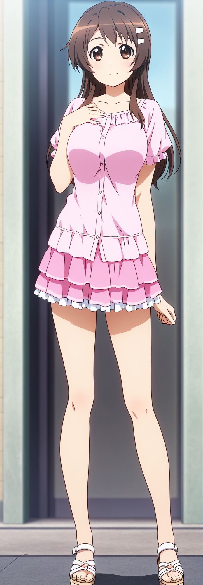 <lora:Niimi_Haruka_PHTKN_Illus:1>niimi haruka, outfit 4, casual outfit, 1girl, solo, long hair, skirt, brown hair, hair ornament, brown eyes, standing, outdoors, hairclip, blurry, legs, contrapposto, collarless shirt, sandals, pink shirt,  Button-Front shirt,  pink dress, 2 layered frilled skirt, pink skirt,  cowboy shot, smile, untucked shirt, young adult, 1girl, looking at viewer, hand on chest, large breast,  full body, mini skirt,