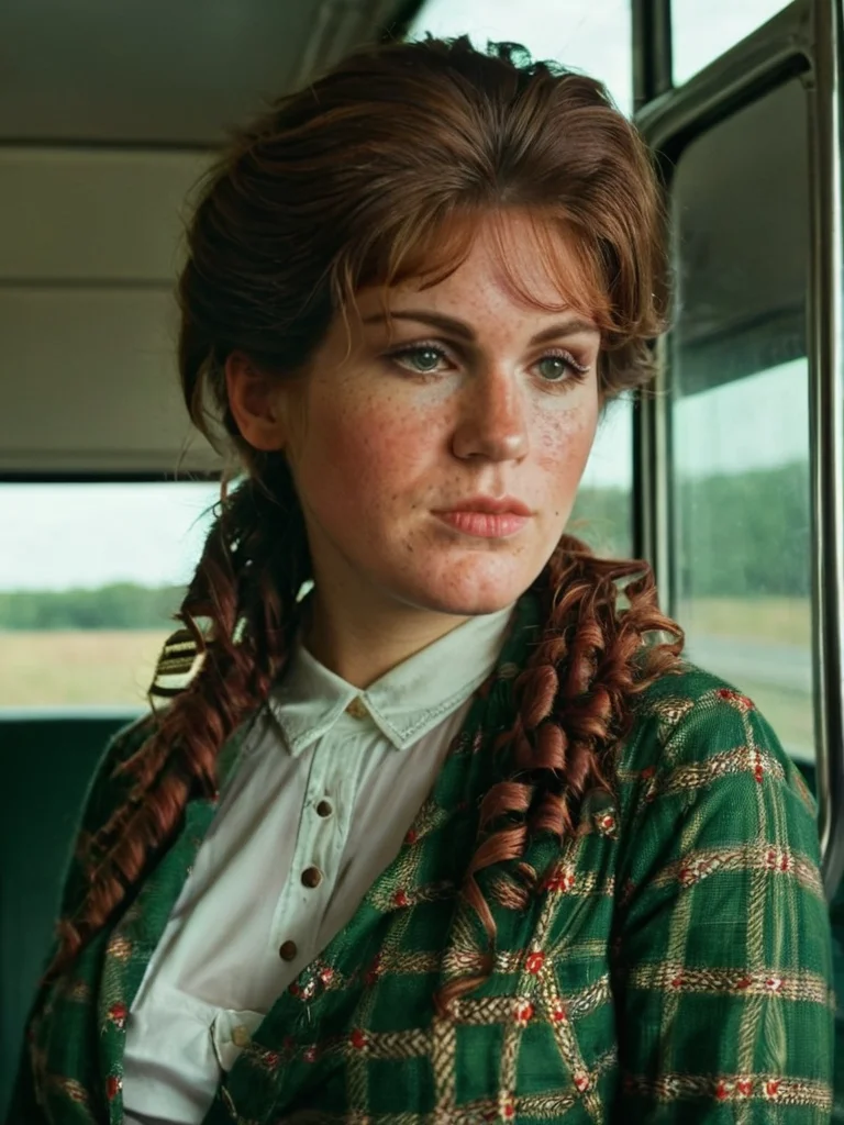 <lora:SDXL_MaryBeth:1.2>, MaryBeth, freckles, with brown hair tucked secured with a decorated hair-clip with curled hair-pieces pulled over both shoulders, wearing a green checkered shirt with a maroon long skirt with two white stripes at the end, and black boots, <lora:skin_4:0.3>, <lora:SDXL_DetailedEyes_V3:1>, <lora:Perfect Hands:0.7>, <lora:add-detail-xl:1>, <lora:SDXL_more_details:1>, <lora:SDXL_extremely_detailed:1> ,
 worried, smug, medium shot, (masterpiece, high resolution, Technicolor filmstill:1.3), the most hauntingly presentable woman, (piercing gaze:1.2), (dark allure:1.1), rabbit pose in a threatening bus interior at late morning, casting eerie shadows, (intense expression:1.1), (whispers of the night:1.2), reaching out like skeletal fingers, (atrocious atmosphere:1.2), (disconcerting presence:1.1), shot on a 35mm Arriflex camera with an Angenieux 25-250mm f/3.2 lens, adding a cinematic quality to the haunting scene, a captivating blend of beauty and darkness in a Technicolor filmstill that evokes an ethereal sense of otherworldly enchantment, perfect eyes