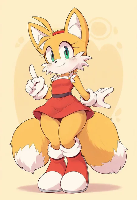 score_9, score_8_up, score_7_up, score_6_up, score_5_up, absurdres, highres, high detail, 8k, 4k,
1boy, MylesPrower, Miles Prower, furry anthro, furry, gold fur, fox, toon, detailed background, detailed face, detailed fur, (two tails), white and red boots, white gloves, wide hips, short red dress, red hairband, amy rose outfit,
<lora:Miles_Tails_Prower_Sonic_Character_PonyXL:.8>,