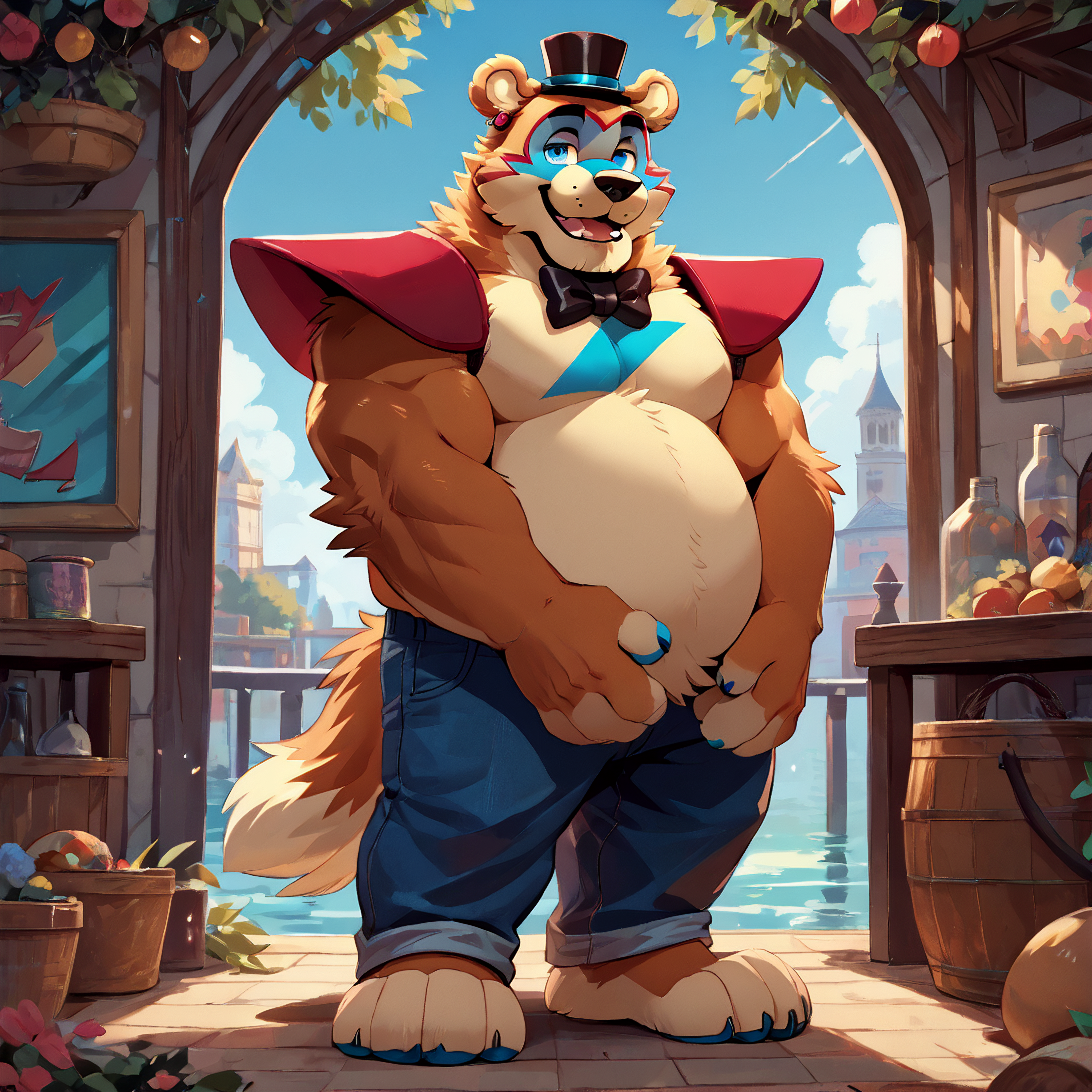 <lora:bigfreddy_ponyxl-10:1>  score_9_up, score_8_up, score_7_up, source_furry, best quality, masterpiece, (bigfreddy), bear ears, solo, (looking at viewer), perfect body,  (perfect anatomy),  fluffy paws, (fluffy paws), detailed ears, detailed hands, detailed body, perfect body, (detailed hands),  zPDXL3, detailed hat, male focus,  (flat chest), fluffy head:0.8,  (black bowtie),, muscular, older, mature male, pants, 
 <lora:HandFixer_pdxl_Incrs_v1:0.5>