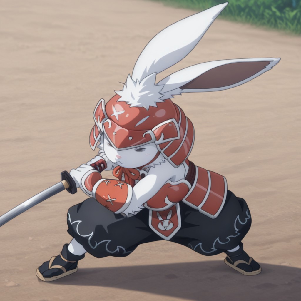 masterpiece, best quality, amazing quality, CeecrueslfIL, semi-anthro, male, rabbit, white fur, squinted eyes, red Samurai armor, red Samurai helmet, baggy black pants, white trim, black socks, tan sandals, outside, fighting stance, holding katana, solo