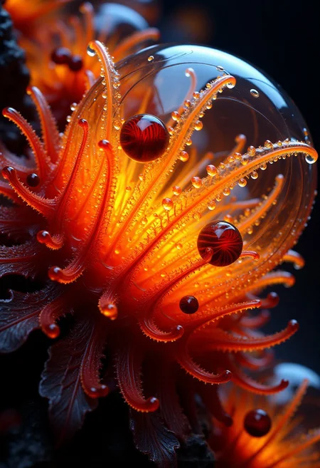 Burned colors glowing with orange heat. Bands of white light dash across the canvas. High saturation and contrast. sharp lines come into focus. Droplets of rain accumulate on leaves. Leaves appear as shattered glass. Electric snails crawl on the surface of a mysterious plant. The plant is made of glass. A mysterious ecosystem made of crystalline glass.