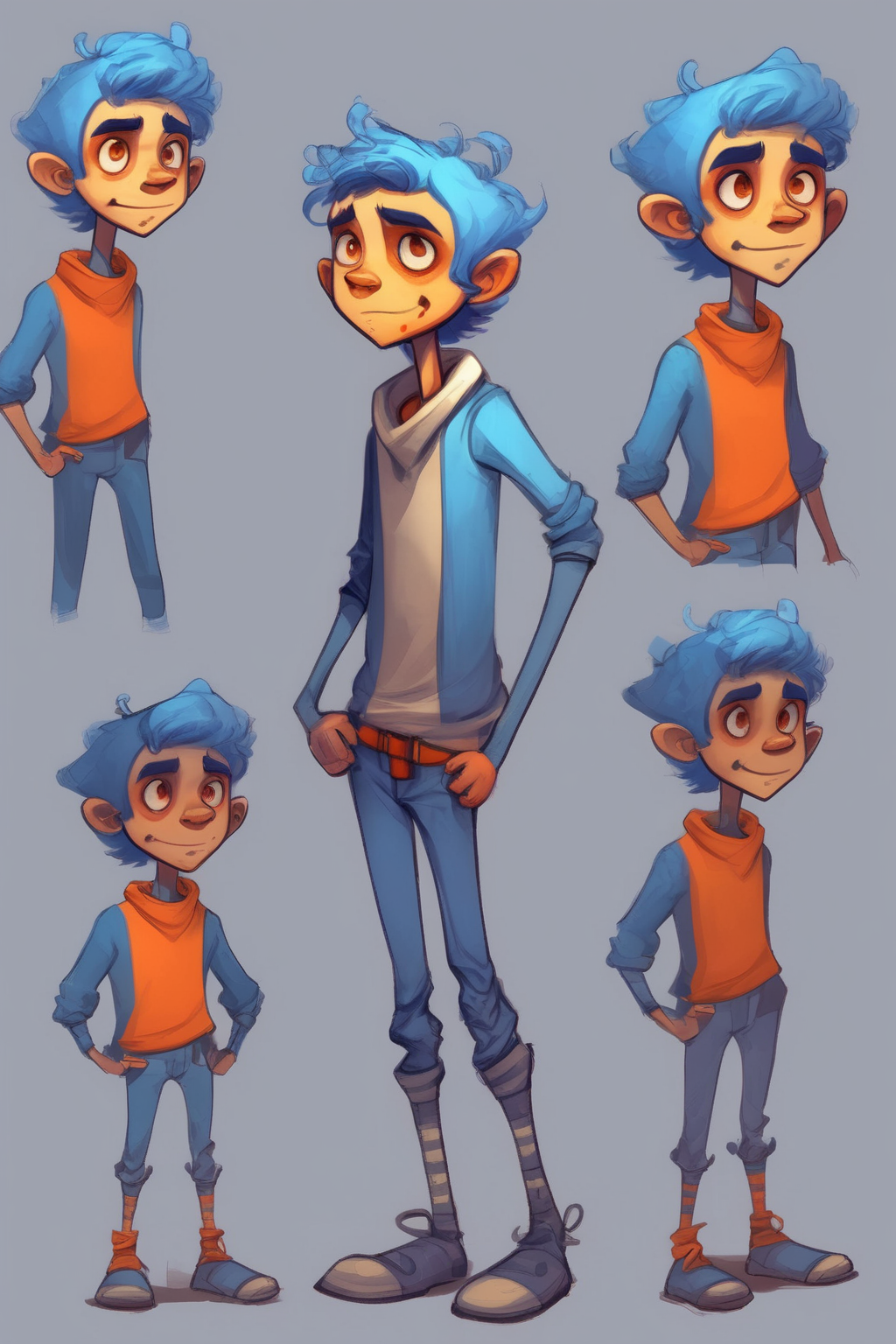 <lora:Character Design:1>Character Design - A set of sketches or illustrations featuring a character named BlueBoy, who has blue skin and wears orange clothing. The character should be simple to draw, but should have distinctive and memorable features that help to make him stand out. Please generate a variety of poses and expressions for the character, and feel free to experiment with different clothing designs or accessories to help further develop his personality and style."