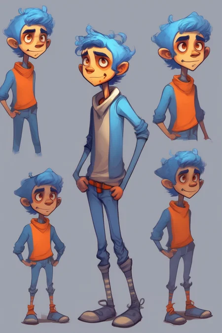<lora:Character Design:1>Character Design - A set of sketches or illustrations featuring a character named BlueBoy, who has blue skin and wears orange clothing. The character should be simple to draw, but should have distinctive and memorable features that help to make him stand out. Please generate a variety of poses and expressions for the character, and feel free to experiment with different clothing designs or accessories to help further develop his personality and style."