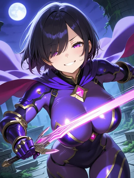 1girl, frown, smug, (grin:1.2), large breasts, wide hips, short black hair with sideswept bangs, purple eyes, hair over one eye, hand gripping glowing thin sword, skindentation purple bodysuit, glowing purple cape, armored detailed purple gauntlets, overgrown stone temple, purple night sky with moon, fine fabric emphasis, dynamic angle, dynamic action pose, (face focus:1.2), close-up, portrait, motion blur, motion lines, BREAK, detailed eyes, scenery, depth of field, volumetric lighting
,masterpiece,best quality,amazing quality,