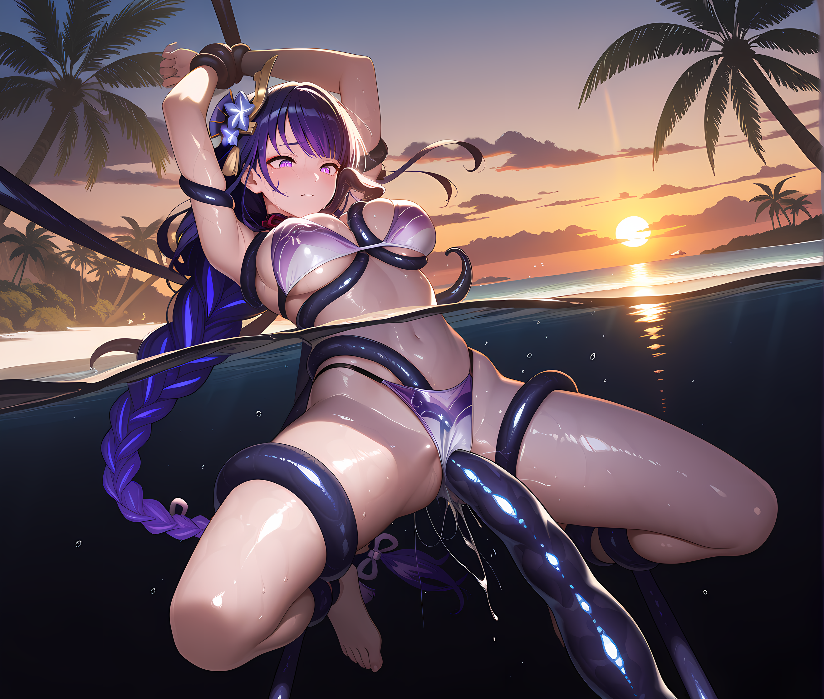 <lora:Tentacles_under_clothes>,tentacles under clothes,wet,bikini,beach,sunset,(raiden shogun:0.7),tentacle sex,ocean,swimming,restrained,arm up,wide spread legs,outdoors,palm tree,cloud,atmospheric perspective,dynamic lighting,cinematic lighting,darkness,shadow,, masterpiece,best quality,amazing quality, very aesthetic, absurdres,detailed eyes,ultra-detailed,