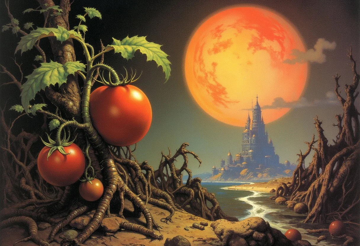 Frank Frazetta sci-fi oil painting of just a mutate tomato plant in the apocalypse, a classic gothic baroque fantasy art painting with vibrant colors, digital artwork, illustrative, matte painting, highly detailed, highly dramatic lighting