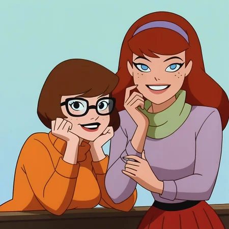 2 woman , Daphne Blake, Velma Dinkley, Score_9, Score_8_up, Score_7_up, surce_6_up, <lora:BatSup_Anim_90s_PDXL:0.8> batsup90xl, flat color, 90s, 1 girl, Daphne blake, wide hips, red hair, long hair, purple headband, blue eyes, smile, looking at viewer, purple minidress, green scarf, big breasts, pantyhose roses, upper body, REST , 1 girl, Velma Dinkley, wide hips, short hair, brown hair, bob haircut, brown pajamas, freckles, sweater-rimmed glasses, smile, turtleneck, orange sweater, big breasts, red skirt, pleated skirt, part upper body,