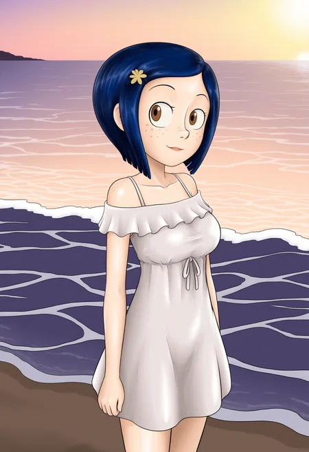 masterpiece, best quality, absurdes, 1girl, solo,
(source_cartoon),
<lora:Coraline - Garabatoz Style (Illust):0.8>
Coraline_Garabatoz, freckles, brown eyes, short hair, hair ornament,
summer dress, off shoulder, medium breasts,
outdoors, ocean, beach, water, shade,
<lora:Detailer_NoobAI_Incrs_v1:0.4> detailed,