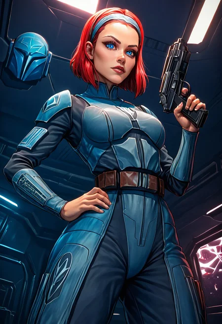 1girl,bo-katan kryze, blue mandalorian armor, red hair,, hairband, blue eyes, from below, slutty tattoo, athletic body, (holding one blaster pistol), (one hand on hip), heroic stance, action shot, in space station, neon lights, (spaceship battle,) (explosions), intricate details, dynamic lighting, (beautiful face), (steam rising),