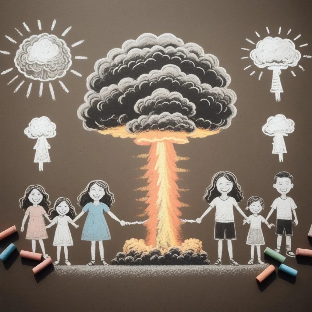 ch4lkdr4wing, colored chalk, nuclear explosion, happy stick people family holding hands
