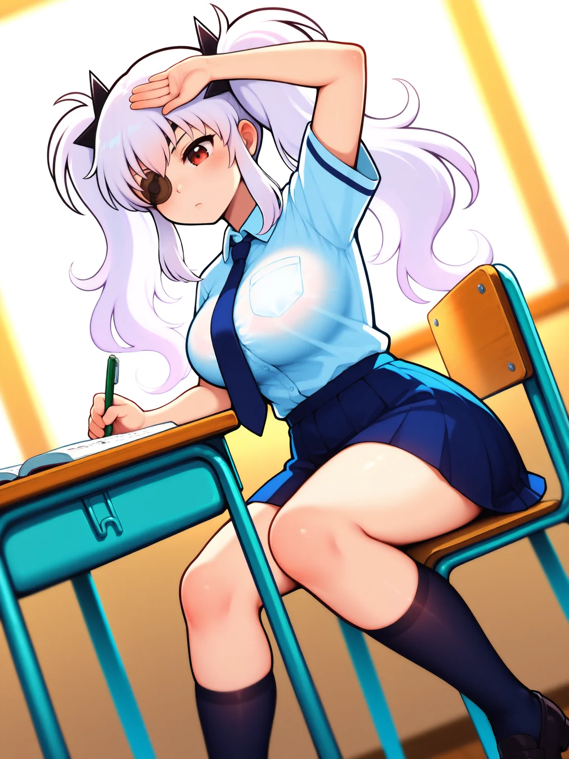 masterpiece, best quality, amazing quality, by asukaln
(solo:1.4), Yagyu_IL, red eye, eyepatch, white hair, long hair, twintails, shuriken hair clips, black hair clips, large breasts, Yagyu_School, school uniform, blue necktie, white buttoned shirt, pleated skirt, dark blue kneehighs, black loafers
sitting at school desk, studying at school, raising hand, hand above head, dutch angle, back lighting, blurred background, bright, bright colors of paint, focus on face, lots of soft light, soft colors
<lora:Mystyle_SDXL_LoCon_DORA_v2:1>
<lora:SK_Yagyu_IL:0.8>