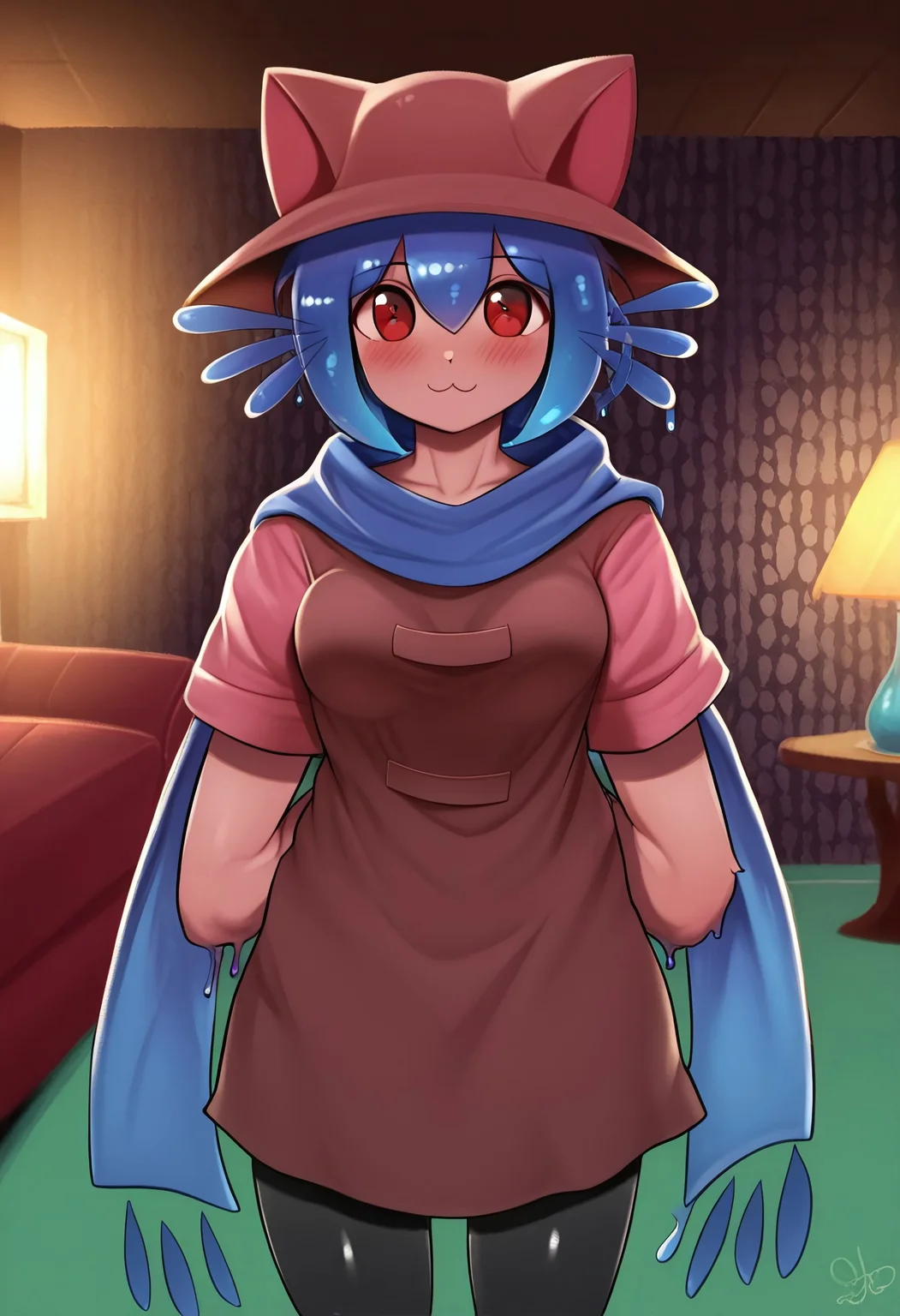 score_9, score_8_up, score_7_up, score_6_up, score_5_up, score_4_up, source_msm, rating_safe, ZPDXLPG BREAK WubboxHumanBodyV2, wubbox, solo, 1girl, ((slime girl, cat hat, blue scarf, brown dress, sleeves past fingers, black legwear)), (amputee, double amputee, 2 missing limbs, arm stumps:1.3), (((clothed, pink sweater, short sleeves, blue skirt, cute skirt))) standing, living room, blue wall, green floor, pink couch, indoors, bokeh BREAK half-body portrait, three-quarter view, (((realistic shading))), cartoon