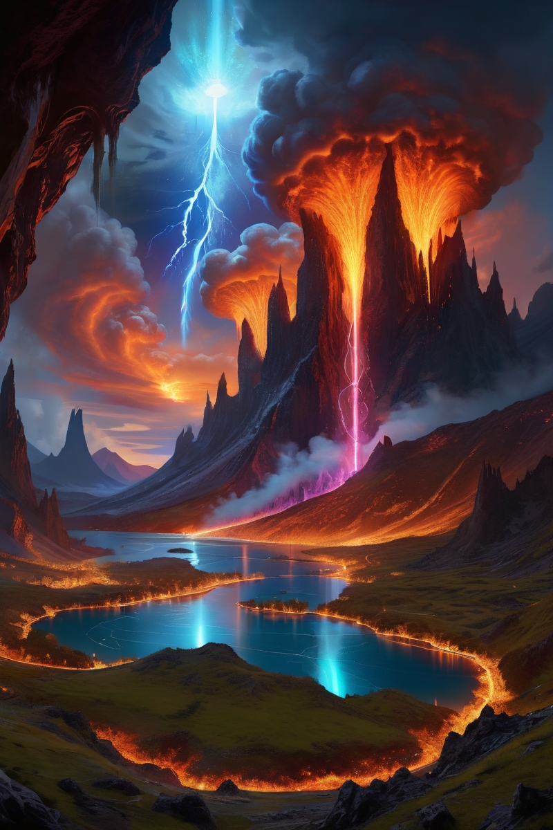 volcanic plains glowing with primordial fire illuminated by supernova remnant nebulae, geological time scales materializing through lava flow fossilization under skies where electromagnetic storms dance in ionized veils, primordial lake ruins where waterfall curtains conceal cave fresco galleries, the waters teeming with liquid-mercury swan flocks, cinematic view, epic sky, detailed, concept art, low angle, high detail, warm lighting, volumetric, godrays, vivid, beautiful, trending on artstation, by jordan grimmer, huge scene, grass, art greg rutkowski,
 <lora:detailed_notrigger:0.7>, <lora:add-detail-xl:0.3>, oil painting art style from Renaissance period, masterful composition, Renaissance mood, renaissance oil painting, brush strokes, Baroque art style, dynamic composition, dramatic lighting, rich colors, intricate details, professional-grade execution, captures the grandeur and theatricality of the Baroque period