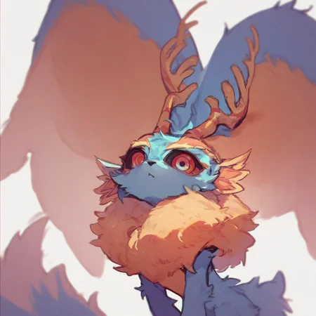 score_9, score_8_up, score_7_up, score_6_up, Fecto Elfilis, blue fur, multicolored eyes, head wings, antlers, yellow fur, colored sclera, fluffy tail