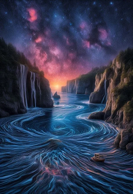 "Produce a hyper-realistic photograph of a surreal, dreamlike ocean scene. The water is crystalline and reflects a kaleidoscope of colors from the aurora borealis above. Ethereal marine creatures, such as bioluminescent jellyfish and fantastical fish with shimmering scales, swim gracefully through the air as if it were water. The shoreline is composed of fine, glowing sand, and the waves themselves are delicately woven with threads of light, creating an enchanting, otherworldly ambiance."