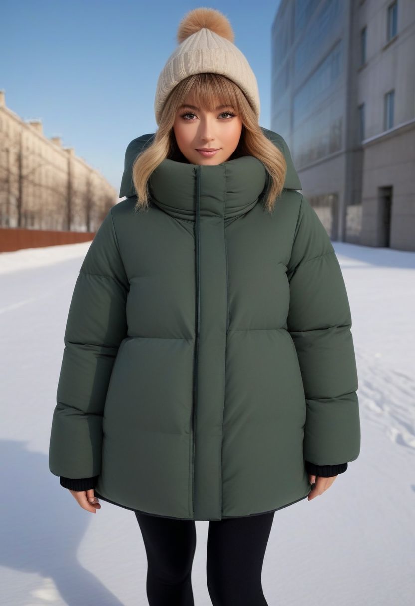 (quilted down coat:1.4), (quilted puffer coat:1.4), (quilted winter clothes:1.4), (puffer hood up:1.4), (down hood up:1.4), (very snowing, very cold:1.4), (full body, ankle winter boots:1.4), (city, street, winter, snow:1.4), (snowing clothes:1.4), walking, daytime, sun, sunlight, (leggings:1.4), thigh boots, green eyes, tsurime, blonde hair, streaked hair, medium hair, light smile, straight hair, dyed bangs, sidelocks, beanie, eyelashes, eyeliner, masterpiece, high quality, best quality, beautiful lighting, realistic lighting, beautiful eyes, beautiful hair, beautiful face, detailed face, high quality face, realistic background, detailed background, (hands behind back:1.5), (from front:1.5), cuffs, collar, (Thick padded cuffs:1.4), (Thick padded collar:1.4), <lora:Collar-SDXL:0.75>, <lora:Cuffs-SDXL:0.75>, <lora:fashion_lora:0.6>