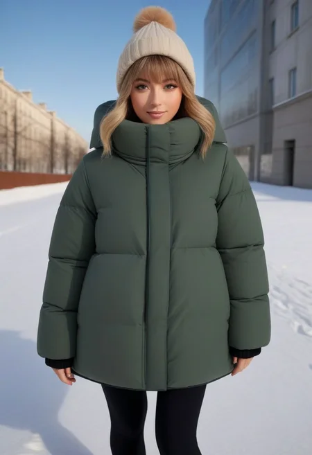 (quilted down coat:1.4), (quilted puffer coat:1.4), (quilted winter clothes:1.4), (puffer hood up:1.4), (down hood up:1.4), (very snowing, very cold:1.4), (full body, ankle winter boots:1.4), (city, street, winter, snow:1.4), (snowing clothes:1.4), walking, daytime, sun, sunlight, (leggings:1.4), thigh boots, green eyes, tsurime, blonde hair, streaked hair, medium hair, light smile, straight hair, dyed bangs, sidelocks, beanie, eyelashes, eyeliner, masterpiece, high quality, best quality, beautiful lighting, realistic lighting, beautiful eyes, beautiful hair, beautiful face, detailed face, high quality face, realistic background, detailed background, (hands behind back:1.5), (from front:1.5), cuffs, collar, (Thick padded cuffs:1.4), (Thick padded collar:1.4), <lora:Collar-SDXL:0.75>, <lora:Cuffs-SDXL:0.75>, <lora:fashion_lora:0.6>