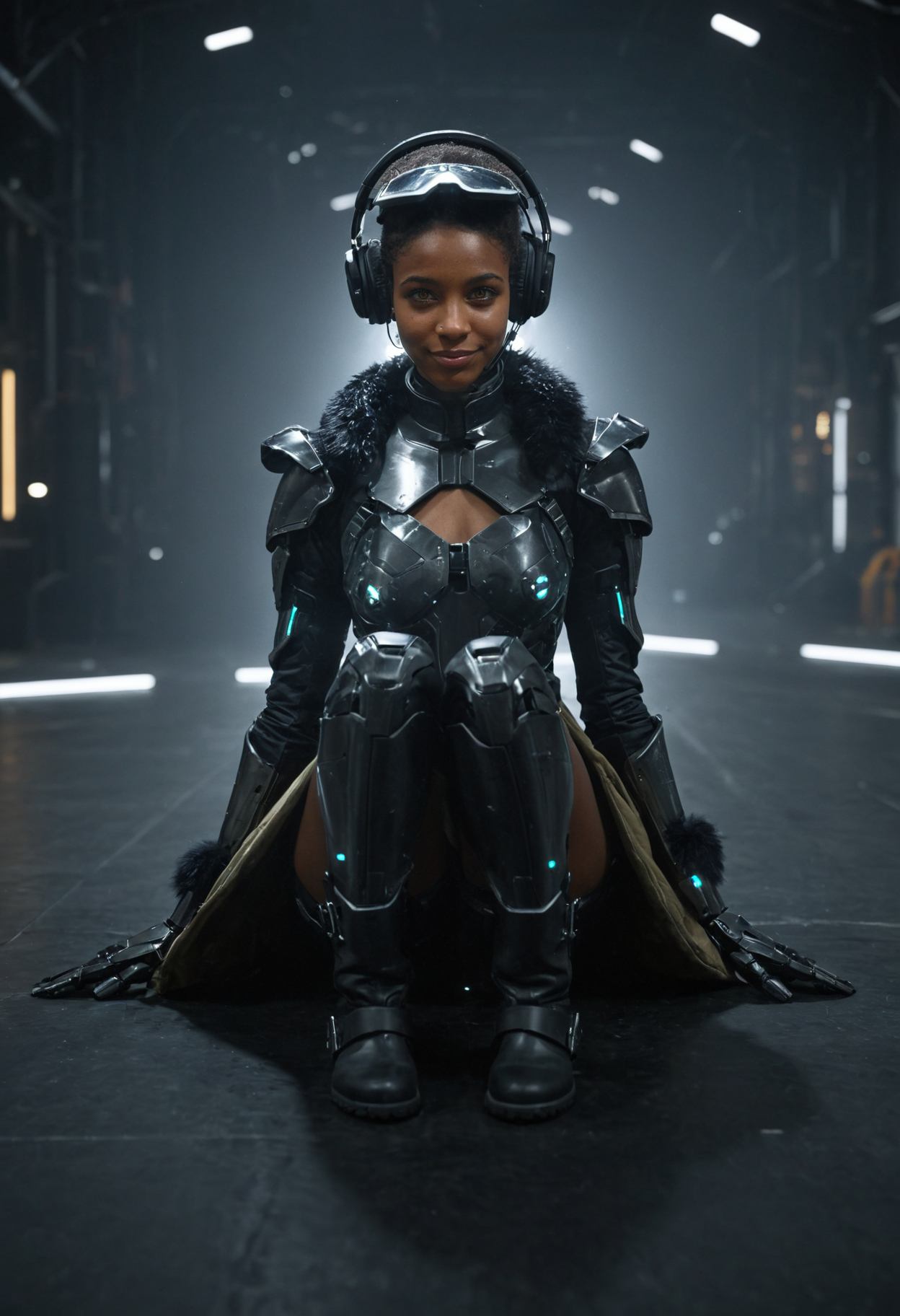 youngwoman, <lora:kwFemaleBeta63_FLUX_v1:1>, 
hangar, factory, neon, size difference, spotlight, dark theme, portrait, close-up, in palm, mecha, humanoid, armor, science-fiction, portrait, glowing eyes, knight, facing viewer, visor, front view, foreshortening, hand up, face focus, gauntlets, solo, minigirl, sitting, bodysuit, chest harness, overskirt, full body, brown skin, short hair, single earring, dark-skinned female, looking at viewer, pants, knee boots, smirk, gloves, brown jacket, fur-trimmed jacket, headphones, hand between legs, smirk, black hair, <lora:Dark_Futuristic_Circuit_Boards:1>, dark futuristic