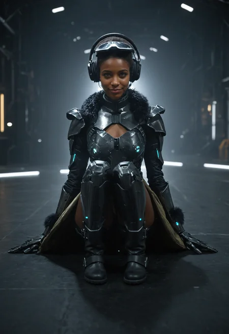 youngwoman, <lora:kwFemaleBeta63_FLUX_v1:1>,
hangar, factory, neon, size difference, spotlight, dark theme, portrait, close-up, in palm, mecha, humanoid, armor, science-fiction, portrait, glowing eyes, knight, facing viewer, visor, front view, foreshortening, hand up, face focus, gauntlets, solo, minigirl, sitting, bodysuit, chest harness, overskirt, full body, brown skin, short hair, single earring, dark-skinned female, looking at viewer, pants, knee boots, smirk, gloves, brown jacket, fur-trimmed jacket, headphones, hand between legs, smirk, black hair, <lora:Dark_Futuristic_Circuit_Boards:1>, dark futuristic