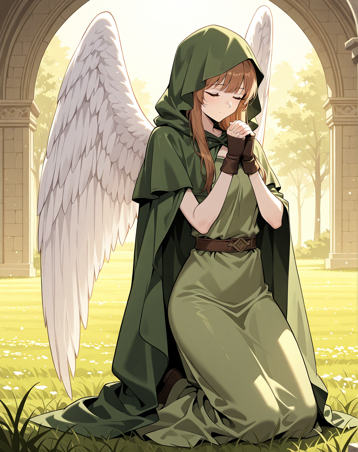 <lora:Demera illumi:1>
1 girl, solo, long hair, brown hair, bangs, brown eyes
green dress, bracelete, hood, hood up, cloak, hooded cloak, fingerless gloves
zPDXL3, score_9_up, score_8_up, score_7_up, (Anime_source),Masterpiece,(perfect female body:1.2), small waist,(incredibly detailed:1.4), slim, beautiful fingers, beautiful white skin, Beautiful clear skin, wings, praying, kneeling, eyes closed, field background